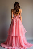 Robe longue de bal à volants à paillettes roses scintillantes avec dentelle