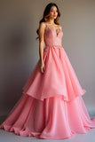 Robe longue de bal à volants à paillettes roses scintillantes avec dentelle