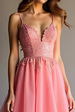 Robe longue de bal à volants à paillettes roses scintillantes avec dentelle