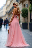 rose scintillant une ligne robe de bal sans bretelles corset longue avec fente