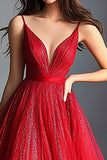 Rouge scintillant Une ligne spaghetti bretelles Robe longue de bal avec paillettes