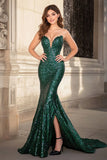 Robe longue de bal à paillettes vert foncé à paillettes scintillante avec fente