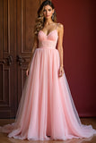 Elégant rose A ligne spaghetti bretelles longue robe de bal en tulle