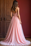 Elégant rose A ligne spaghetti bretelles longue robe de bal en tulle