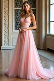 Elégant rose A ligne spaghetti bretelles longue robe de bal en tulle