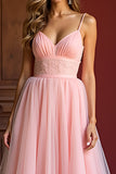 Elégant rose A ligne spaghetti bretelles longue robe de bal en tulle