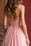 Elégant rose A ligne spaghetti bretelles longue robe de bal en tulle