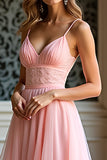 Elégant rose A ligne spaghetti bretelles longue robe de bal en tulle