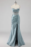 Gris scintillant bleu gaine spaghetti bretelles Corset perles Robe de soirée longue avec fente