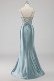 Gris scintillant bleu gaine spaghetti bretelles Corset perles Robe de soirée longue avec fente