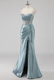 Gris scintillant bleu gaine spaghetti bretelles Corset perles Robe de soirée longue avec fente