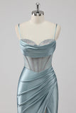 Gris scintillant bleu gaine spaghetti bretelles Corset perles Robe de soirée longue avec fente