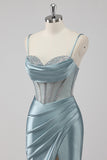 Gris scintillant bleu gaine spaghetti bretelles Corset perles Robe de soirée longue avec fente