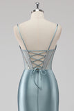 Gris scintillant bleu gaine spaghetti bretelles Corset perles Robe de soirée longue avec fente