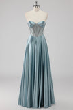Gris bleu trapèze sans bretelles Corset satin longue Robe de soirée avec perles