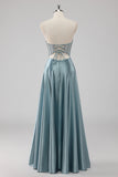 Gris bleu trapèze sans bretelles Corset satin longue Robe de soirée avec perles
