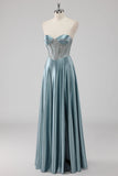 Gris bleu trapèze sans bretelles Corset satin longue Robe de soirée avec perles