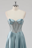 Gris bleu trapèze sans bretelles Corset satin longue Robe de soirée avec perles