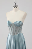 Gris bleu trapèze sans bretelles Corset satin longue Robe de soirée avec perles