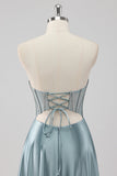 Gris bleu trapèze sans bretelles Corset satin longue Robe de soirée avec perles