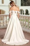 Robe de mariée en satin A Line blanc à épaules dénudées avec noeud