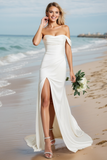Robe de mariée sirène blanche à une épaule avec fente