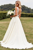 Robe de mariée ivoire en dentelle trapèze col V avec fente