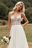 Ivoire Une ligne en mousseline de soie dentelle longue robe de mariée avec fente