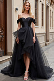 Tulle noir à épaules dénudées Robe de mariée trapèze