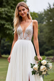 Mousseline de soie dentelle Ivoire Appliques Col V profond Une robe de mariée trapèze