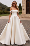 lvory Une ligne dénudée d’épaule Robe de mariée longue en satin