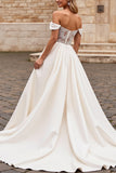 lvory Une ligne dénudée d’épaule Robe de mariée longue en satin