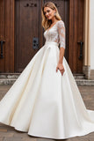 Une ligne demi-manches lvory dentelle robe de mariée longue