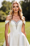 Strass trapèze blanc à épaules dénudées robe de mariée longue en satin