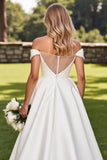 Strass trapèze blanc à épaules dénudées robe de mariée longue en satin