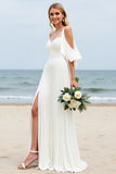 Robe de mariée longue blanche trapèze à épaules froides avec fente