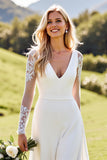 Blanc moulant col V profond Manches longues Combinaison de mariée en satin