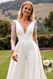 Blanc moulant col V profond Manches longues Combinaison de mariée en satin