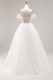 Robe de mariée longue robe de bal brodée en tulle ivoire dénudé