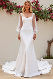 Sirène ivoire col en V manches longues Robe de mariée en satin avec dentelle