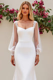 Sirène ivoire col en V manches longues Robe de mariée en satin avec dentelle