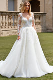 Robe de mariée longue en tulle blanc à col en V et col en V avec appliques