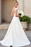 Robe de mariée longue en satin ivoire à col en V avec dentelle