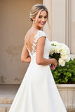 Robe de mariée longue en satin ivoire à col en V avec dentelle