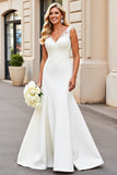 Robe de mariée longue en satin à col en V sirène blanche avec appliques de dentelle