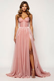 Tissu scintillant Blush Rose Une ligne robe de bal sans bretelles avec fente