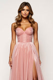 Tissu scintillant Blush Rose Une ligne robe de bal sans bretelles avec fente