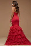 Robe de bal en tulle satiné sirène à bretelles spaghetti rouge foncé découpées
