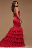 Robe de bal en tulle satiné sirène à bretelles spaghetti rouge foncé découpées