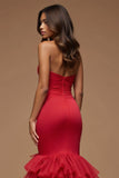 Robe de bal en tulle satiné sirène à bretelles spaghetti rouge foncé découpées